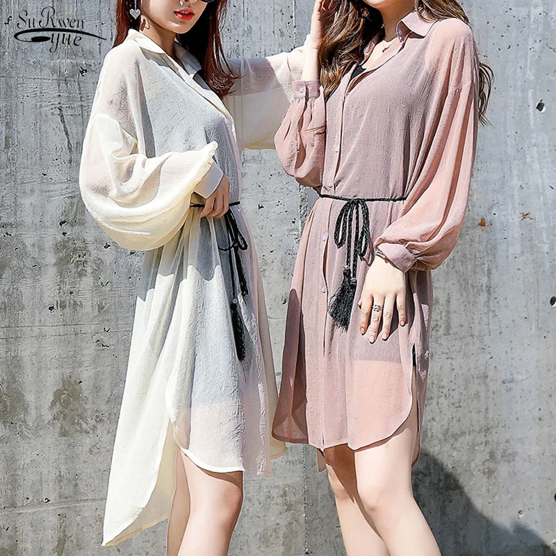 

2021 New Sun-Proof Shirts Women Chiffon Cardigan Women's Long Clothing Lantern Sleeve Loose Thin Shawl Airable Blouse 9124