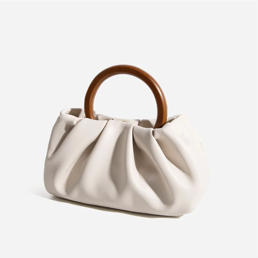 

Retro Wooden Handle Women Day Clutch Pleated Cloud Bag Chain Messenger Bags Soft Leather Shoulder Underarm Bag Totes Handbag Sac