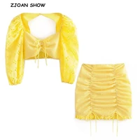2019 new yellow white plaid short t shirt crop top sexy women hollow out lace hem mini short skirt half sleeve tops 2 pieces set