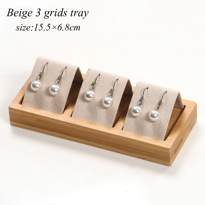 Beige 3 grids tray Роскошная бамбуковая деревянная коробка для украшений 4 размера на выбор для женщин Стенд-витрина для серег ювелирный дисплей лоток - Цвет: Beige 3 grids tray