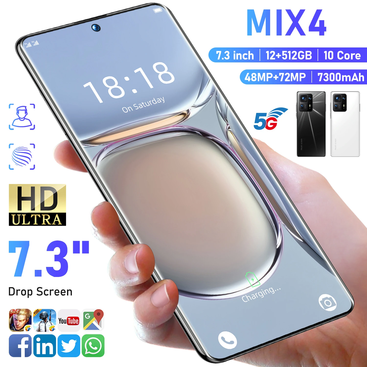 Tel&eacute;fono Inteligente blanco MiX4, 12GB + 512GB, 7,3 pulgadas, 48 + 72MP, desbloqueado, Android, versi&oacute;n Global, 5G-3