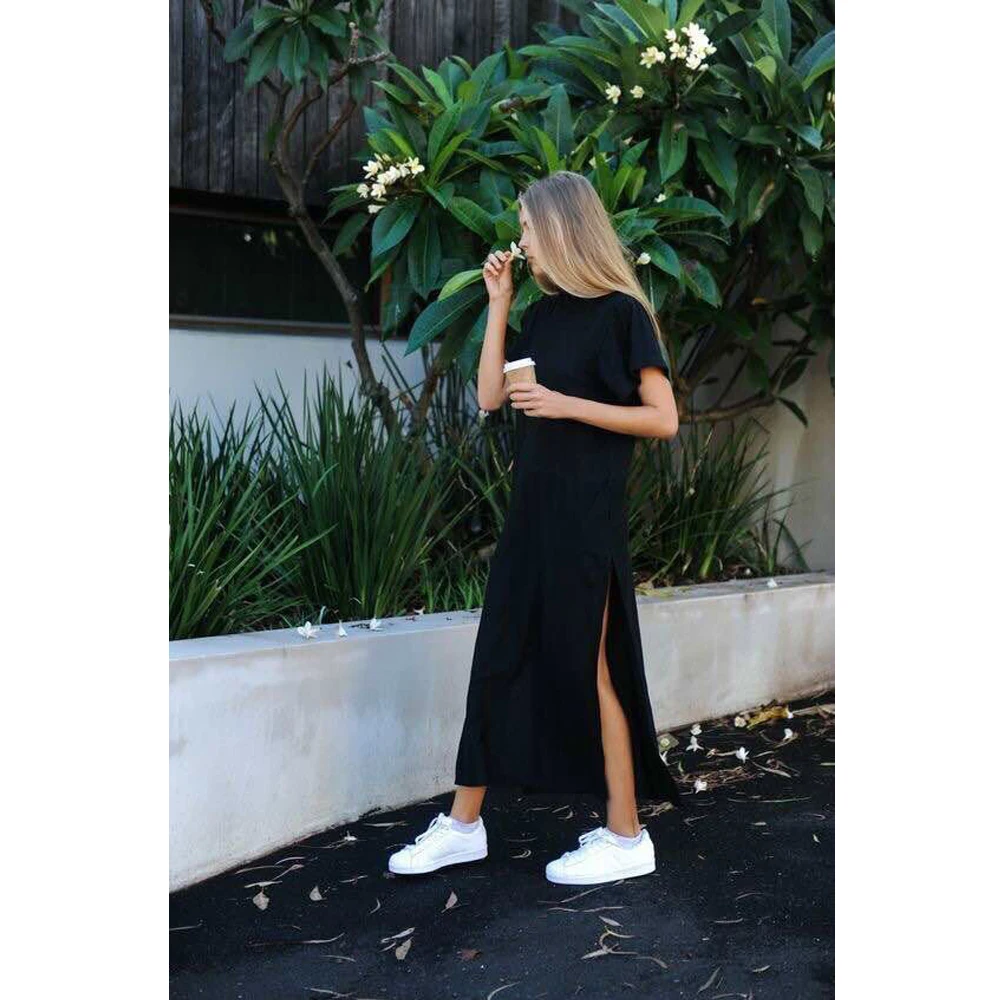 

Long Sleeve Maxi T Shirt Dress Women Autumn Winter Sexy Party Bodycon Vintage Casual Slit Knitted Cotton White Black Sundress