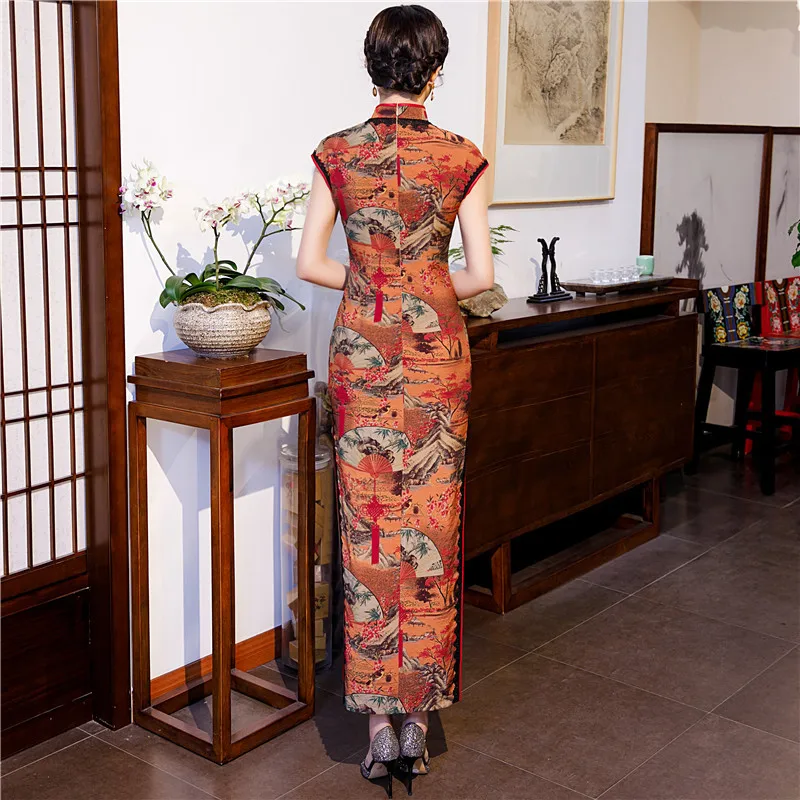 

Vintage Print Flower Women Cheongsam Satin Sexy High Split Chinese Dress Vestidso Big Size Elegant Mandarin Collar Qipao