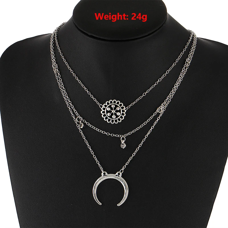 

Fashion Jewelry Retro Exaggerated Crystal Alloy Flower Plate Moon Multilayer Breast Chain Clavicle Necklace Necklace