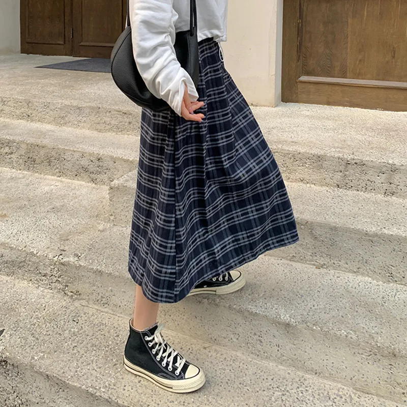 

Korean style high elastic waist Long Skirts Woman 2021 Spring Autumn plaid A-line Vintage Skirts womens (F4156)