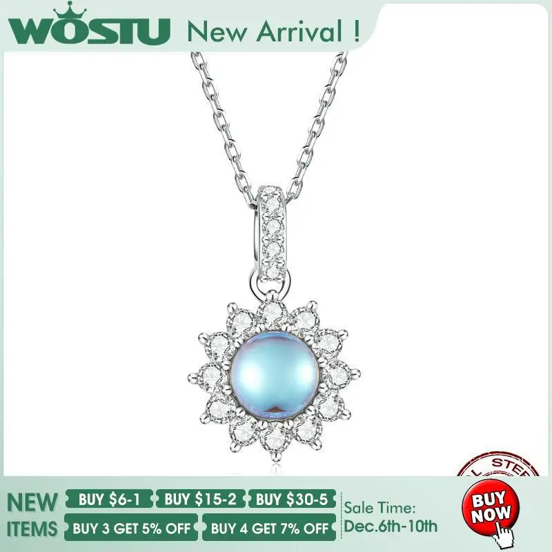

WOSTU 925 Sterling Silver Dazzling Sunflower Moonstone Zircon Necklace For Women S925 Chain Pendants Fine Jewelry Gift FNN242