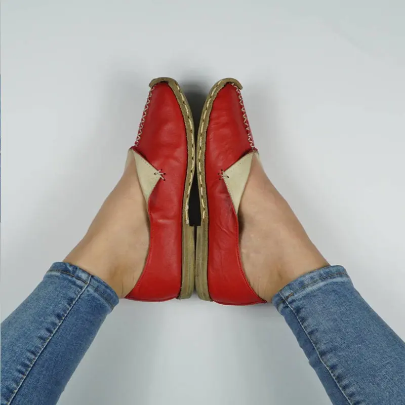 

Women's Shallow Mouth Shoes 2020 Autumn Retro Handmade Flat Shoes Red Artistic All-match Comfortable Soft Sole Shoes Women
