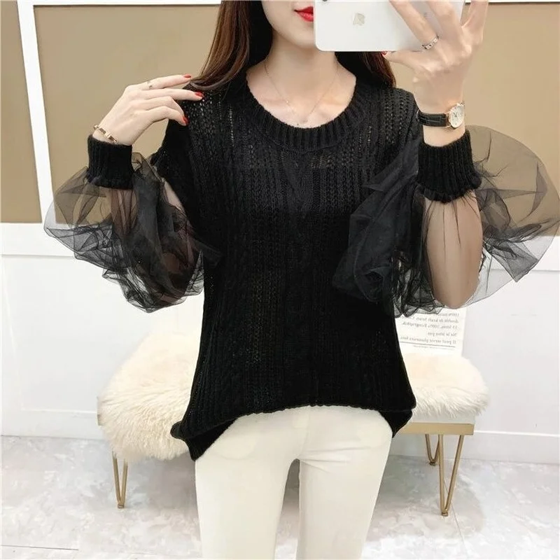 

Kimutomo Knitted Stitching Chiffon Pullover Women Hollow Loose Thin Fake Two-piece Puff Sleeve Sweater Women Solid Top Casual