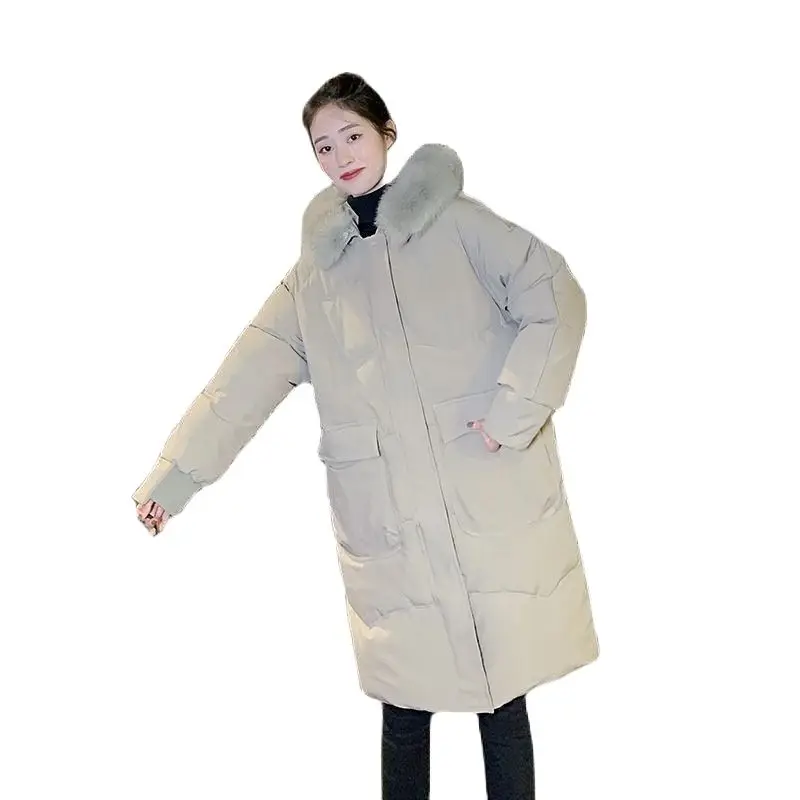 

Women Winter Hooded Faux Fur Collar Big Pocket Long Coat Puffer Jacket Cotton Padded Parkas Warm Outwear Overcoat