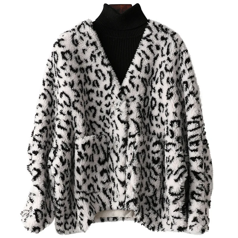 

Print Fashion Sheep Winter Leopard Pockets Loose Jacket Fall Thick Warm Outwear Plush V-Neck Plus Size Wool Fur Short Coat