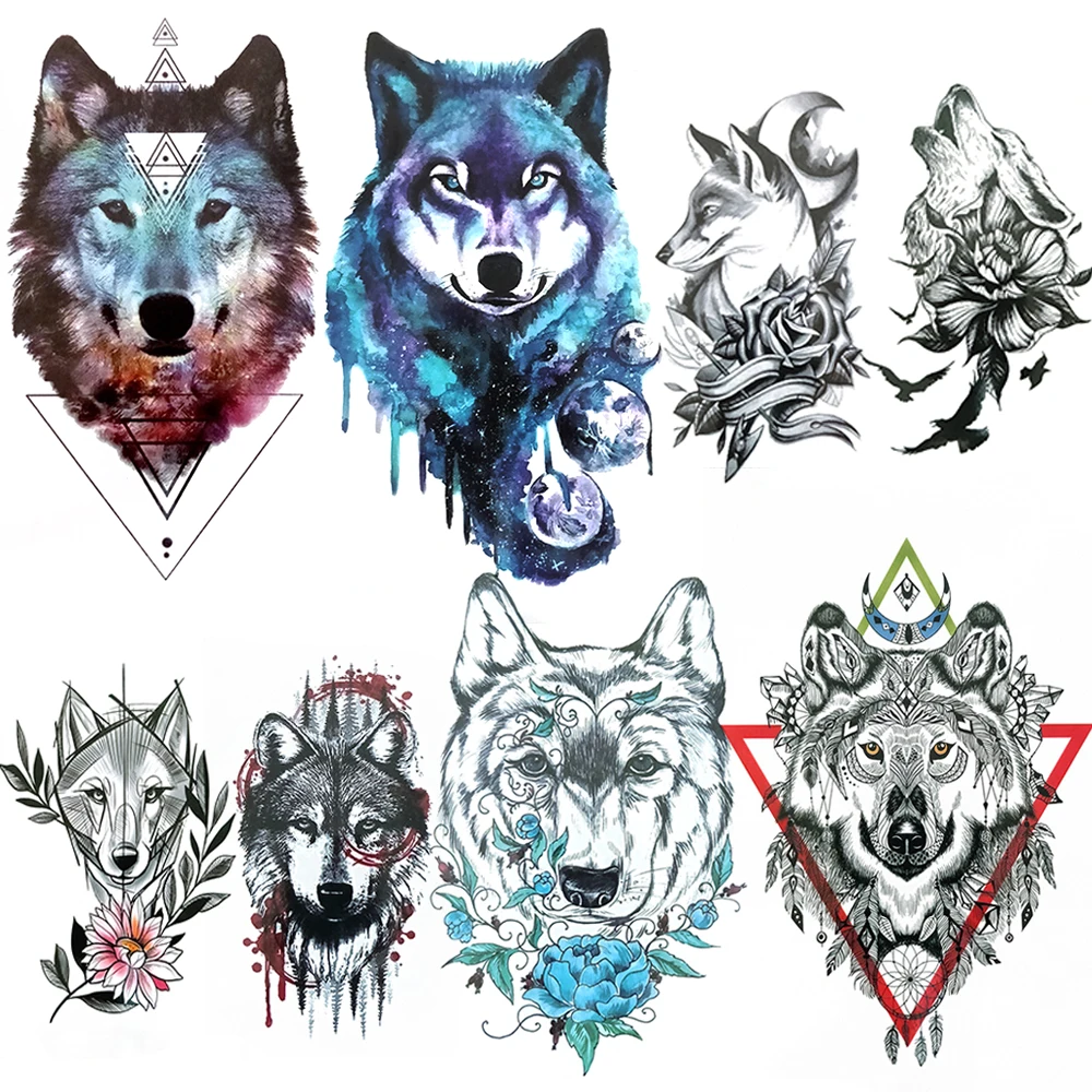 

Flash Wolf Temporary Tattoos Sticker For Men Women Fake Body Art Tattoo Geometric Tribal Coyote Forest Moon Tatoos Paste Totem