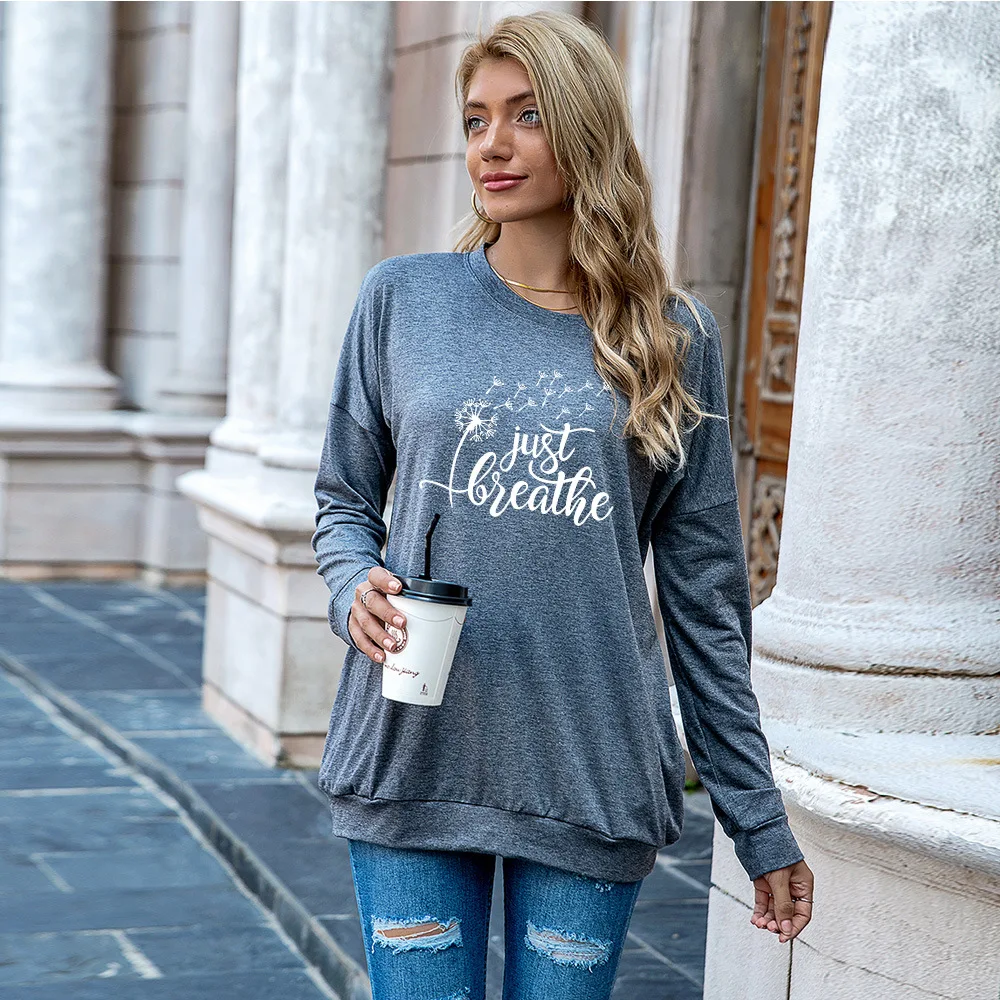 

Women's Pocket Sweatshirt Creative Letter Printing Loose O-neck Long Sleeve Cotton T-shirt Harajuku Flower Graphic Soft T-shirt