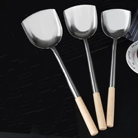 1pcs kitchen cooking tools stainless steel spatula thickened frying spatula lengthened chef spatula hotel wooden handle spatula