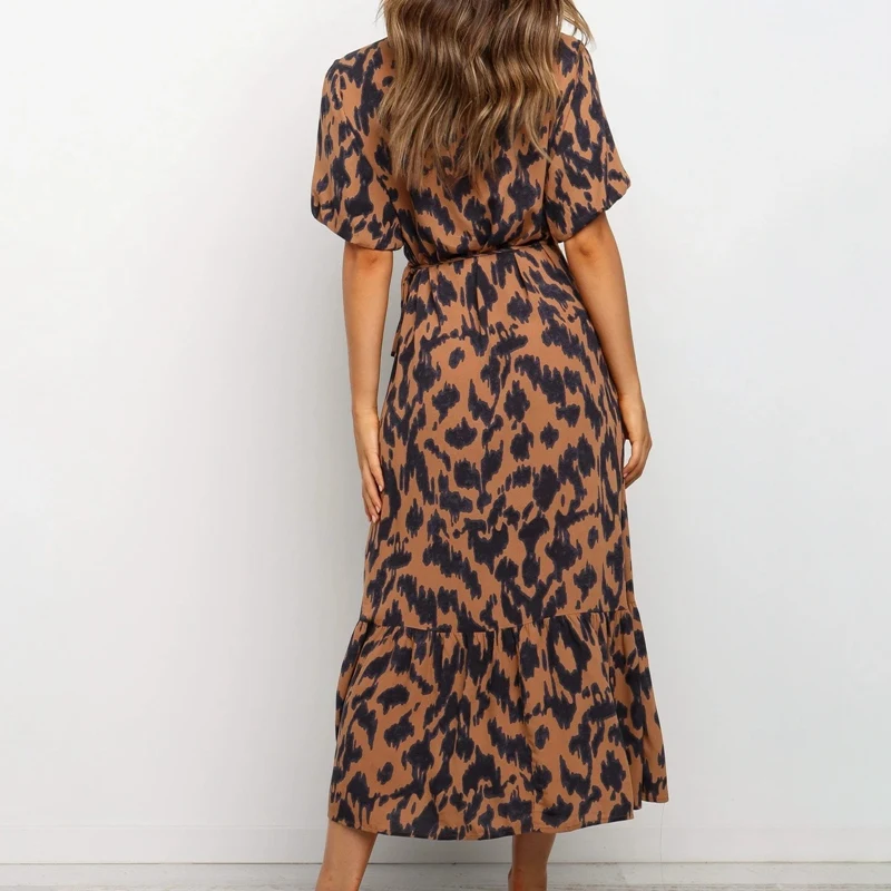 

Women's V-Neck Casual Dress Short Sleeve High Waist Leopard Printed Maxi Sundress