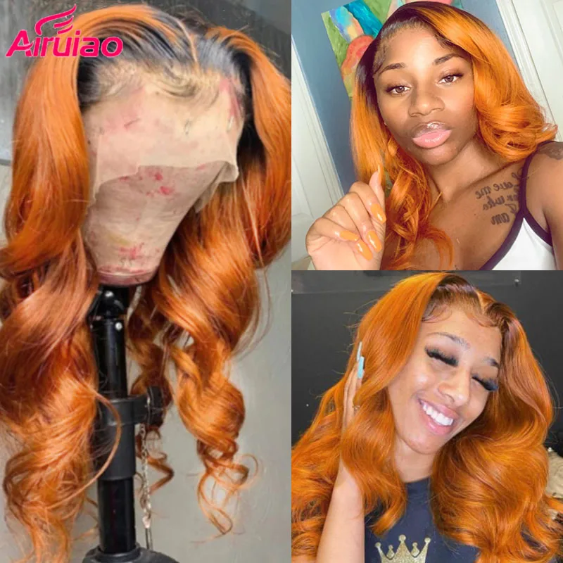 

Body Wave Ombre Ginger 13x6 Lace Front Wig Orange Colored Human Hair Wigs Full HD Transparent 30 Inch Frontal Wigs For Women