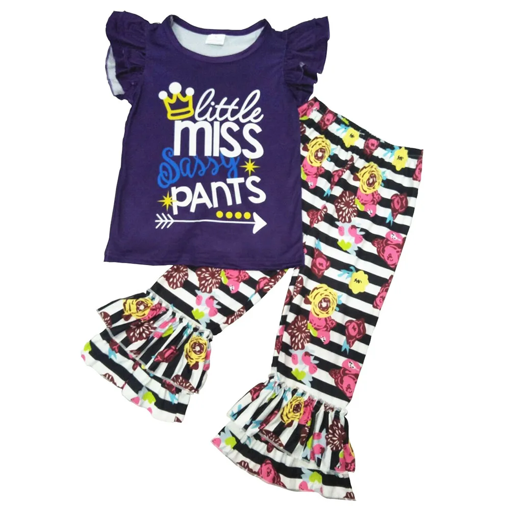 

Little girl kids children summert fashion hot sale cute letter print top floral striped layers legging 2 pieces outfits