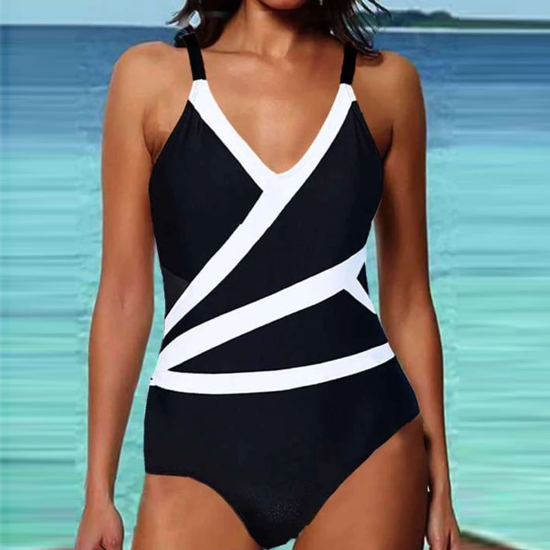 

Женский цельный комплект бикини 2022 Летний полосатый купальный костюм с пэчворком на бретелях сексуальный купальник с V-образным вырезом и о...