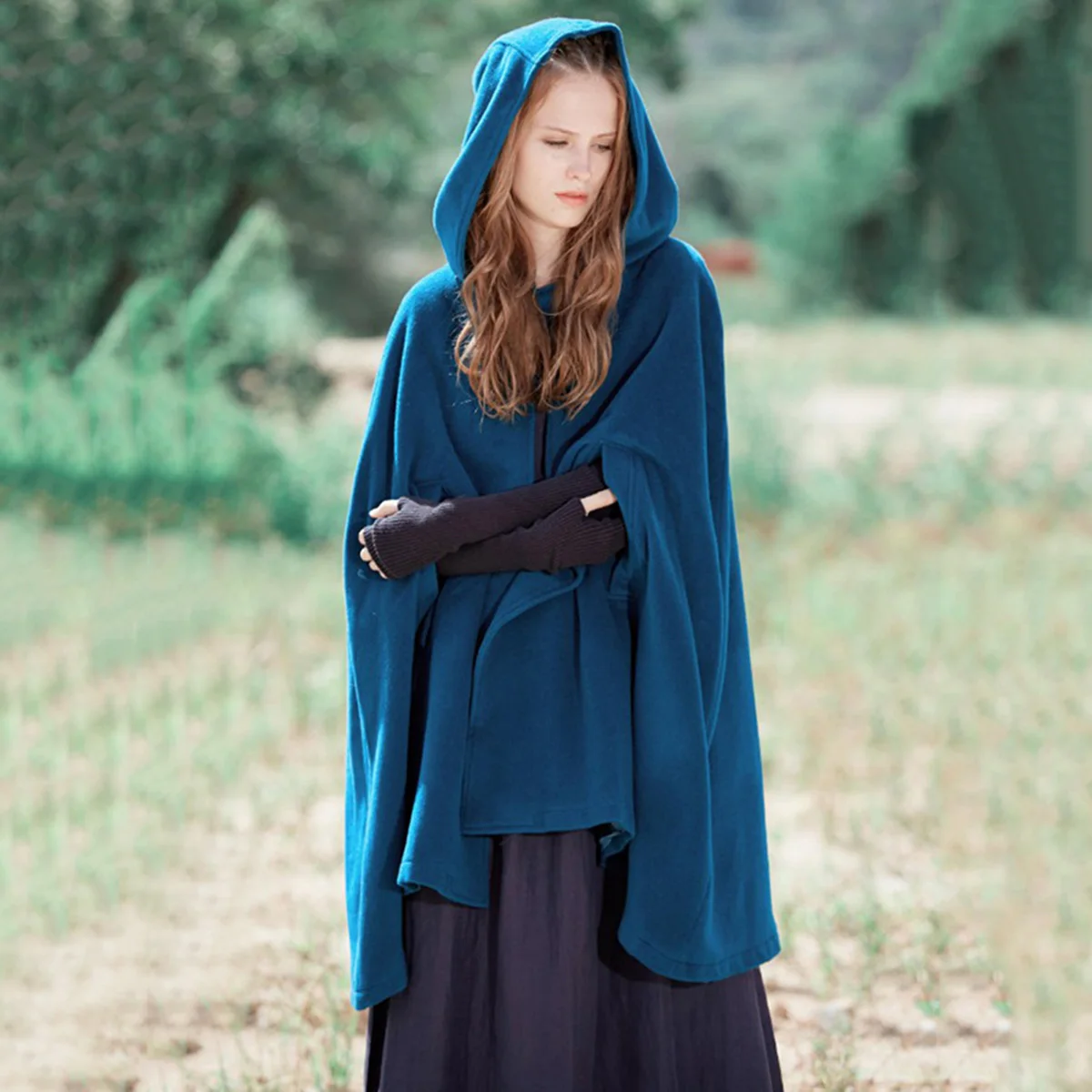 

Oshoplive 3 Colors Loose Short Warm Winter Cape Outwear Casual Simple Solid Color Hooded Women Cape Shawl Cardigan Anime Decor