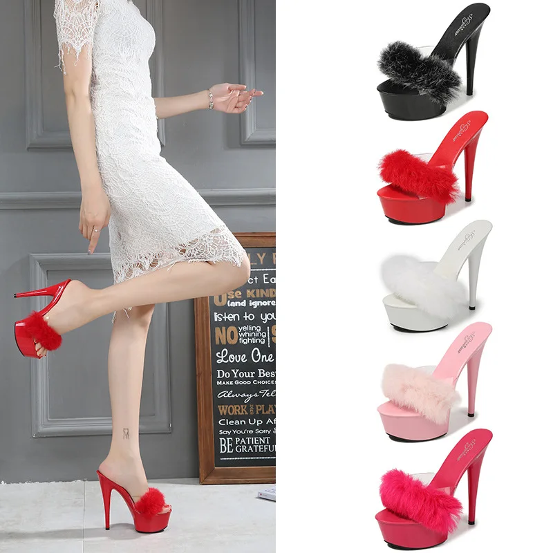 Новинка Леопардовая обувь на высоком каблуке с кроличьим мехом Пикантные Черные