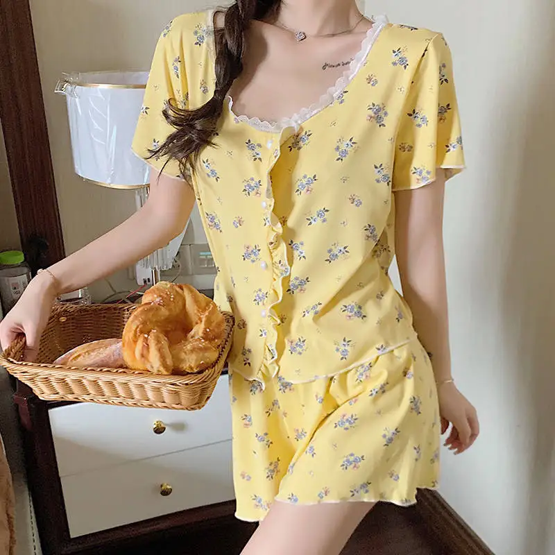 CAIYIER Summer Women Pajamas Set Korea Sweet Printing Sleepwear Short Sleeve Small Broken Flower Girl Lace Sexy Shorts Nightwear