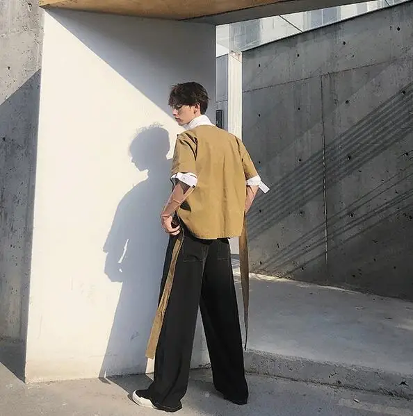 

new High quality medium Summer long coffee three quarter sleeve fashion shirt Korean trend personality V-neck casual shirts