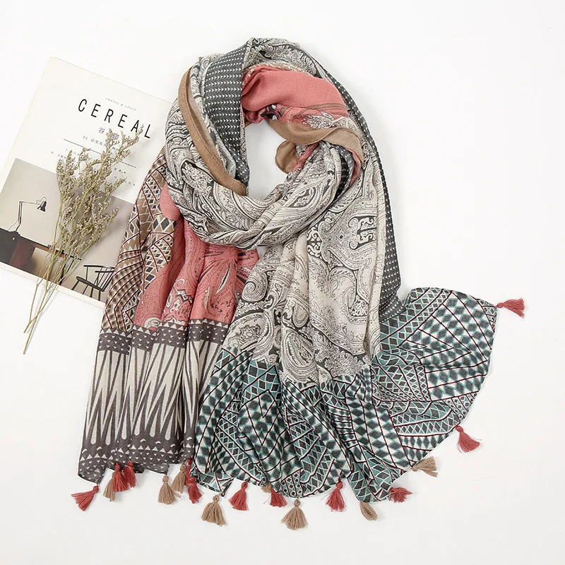 

Женский модный ацтекский цветочный шарф с кисточками, Женский высококачественный шарф из пашмины, палантин Bufanda, мусульманский хиджаб 180*90 с...