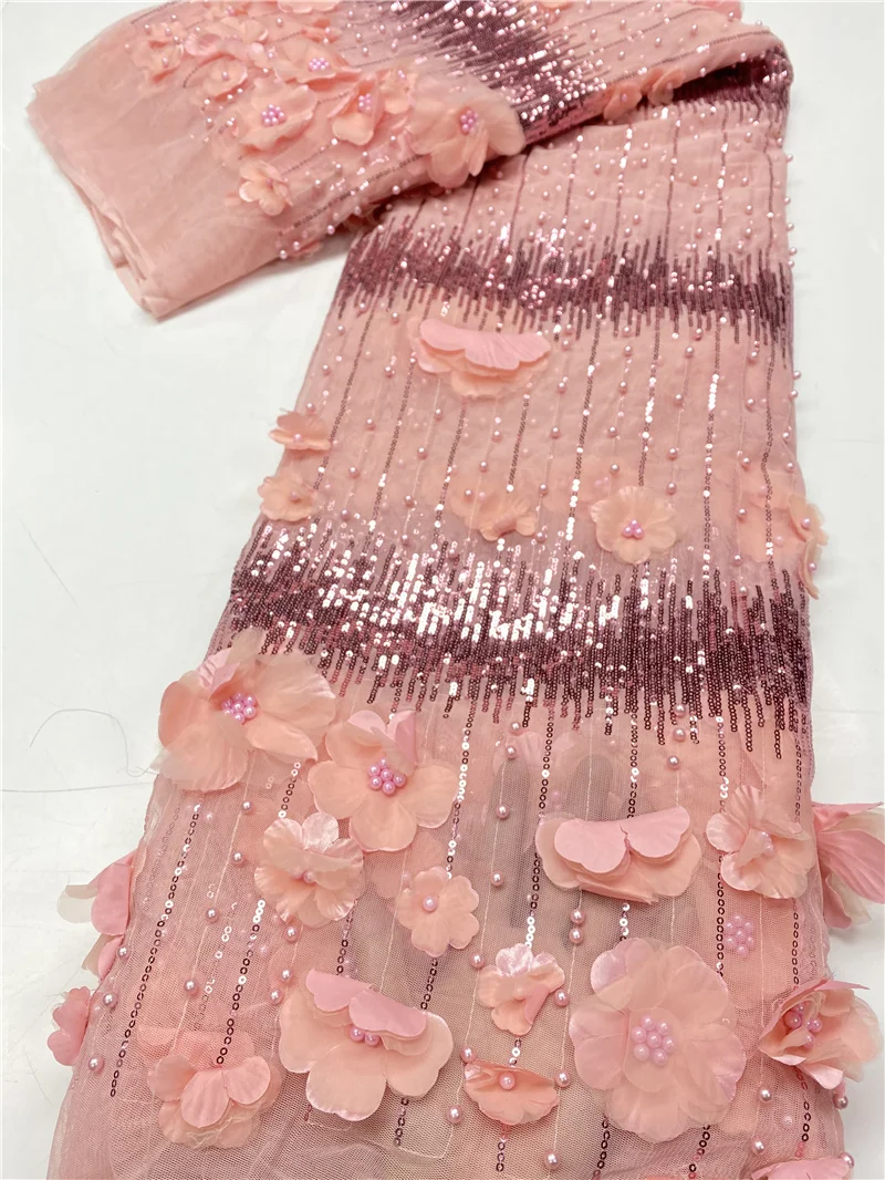 

PGC African Sequins 3D Lace Fabric 2021 High Quality Beaded Lace French Nigerian Tulle Lace Fabrics For Wedding Sewing YA3858B-5