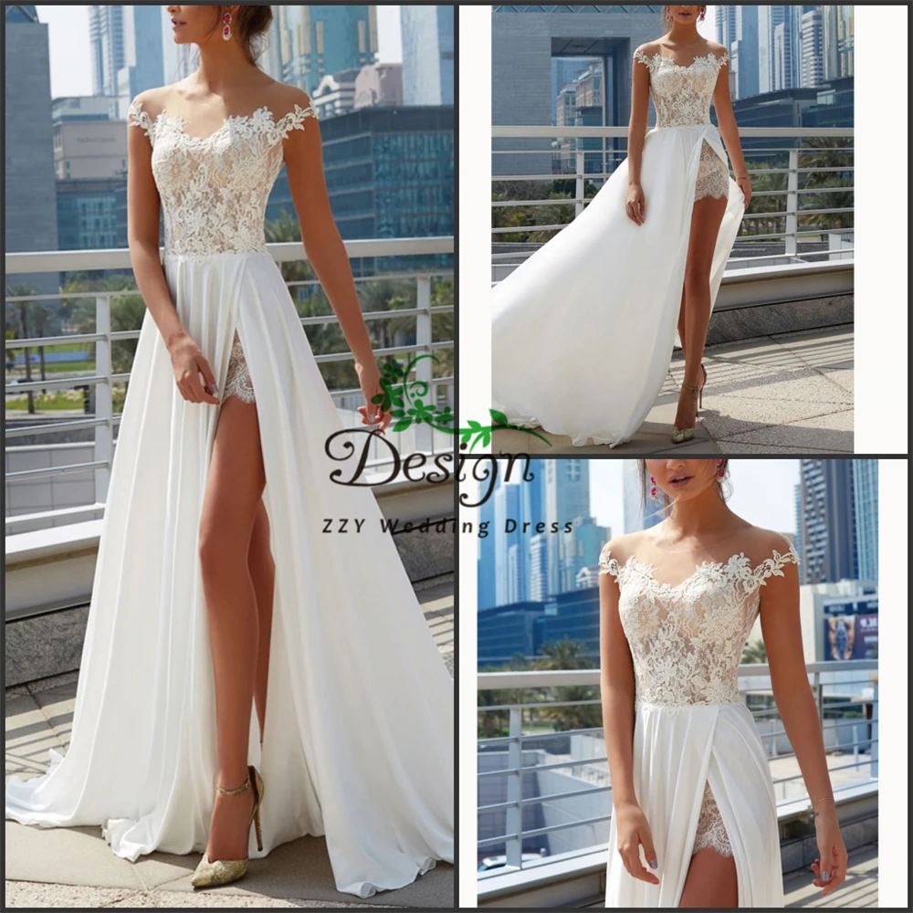 

Wedding scoop White Lace And Chiffon Illusion Beach Front Splited Cap Sleeves Appliques Droped Detachable Skirt Vestido De Noiva