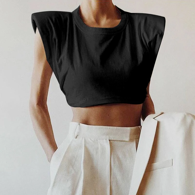 

Shoulder Pad Women T Shirt O Neck Sleevelesss Elegant Short T-Shirt For Female Vogue Clothing Crop Tops Women Tank Tops Shirt