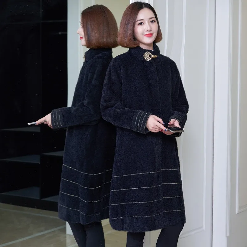 

Winter New Elegant Womens Faux Mink Fur Overcoats Stand Collar Diamonds Buckle Single Breasted Medium Length Coats Plus Size