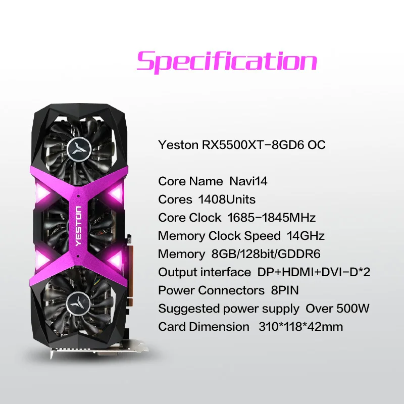 Yeston RX5500XT 8G D6 OC ie карта Boost 1845 МГц/14 ГГц 8 Гб 128 бит GDDR6 игровая с 3