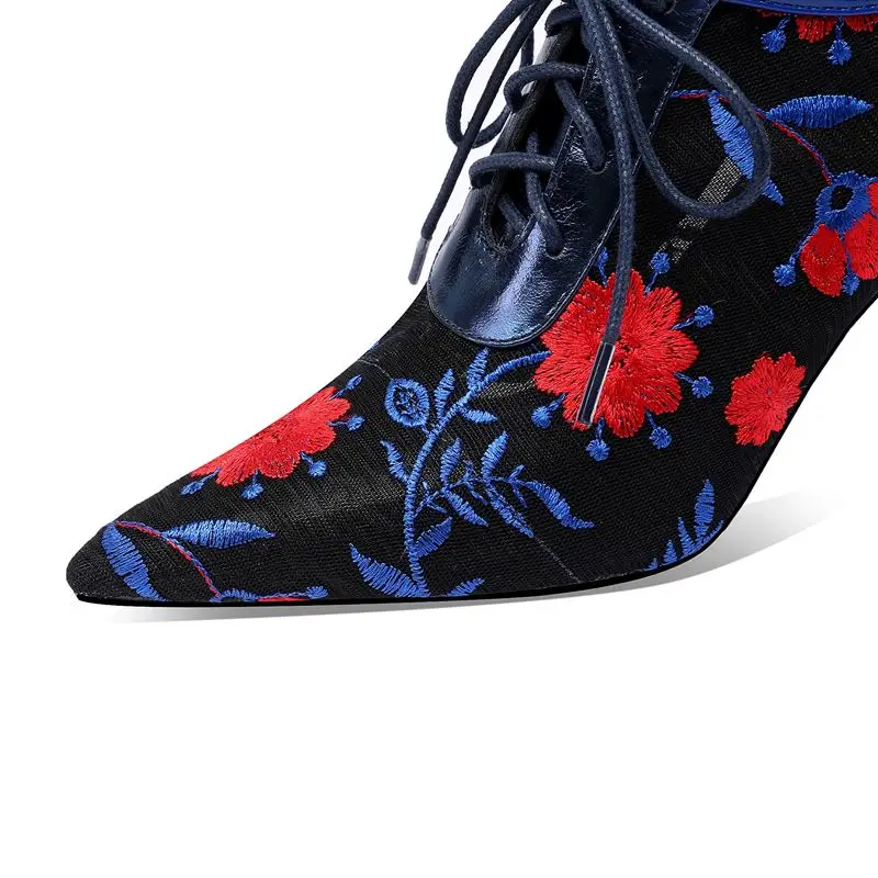

ALLBITEFO embroidered Breathable cool mesh + genuine leather high heels summer stiletto fashion sexy women heels high heel shoes
