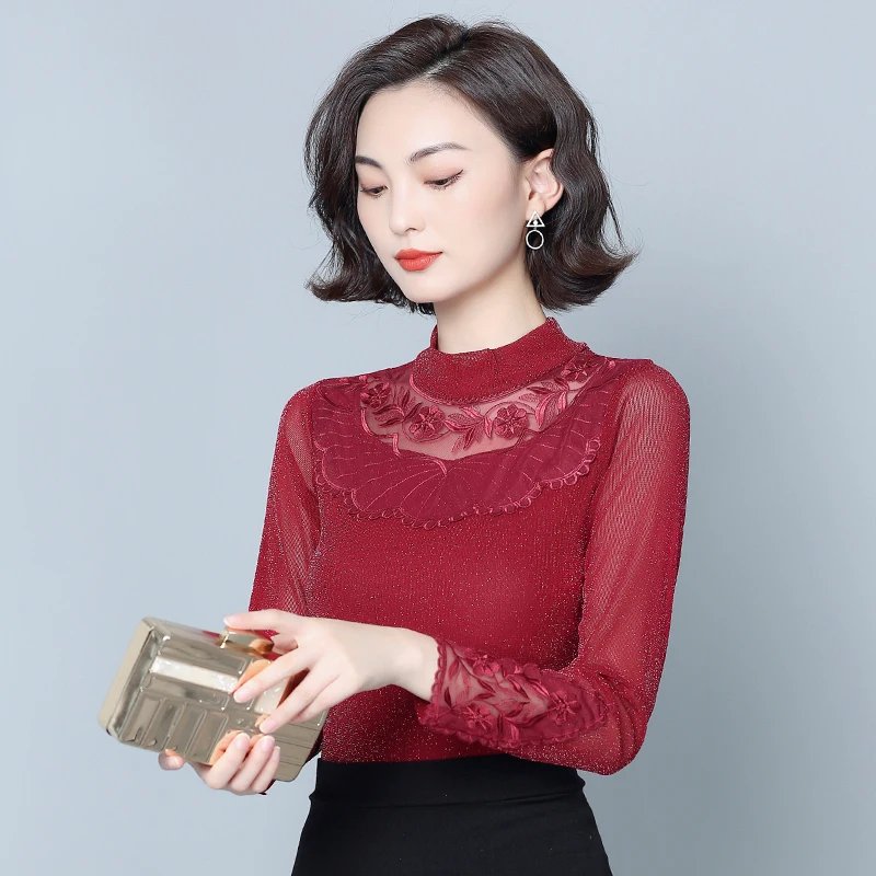 Spring Autumn Women Blouse Long Sleeve Mesh Lace Shirt Women Top Elegant Half High Collar Bright Flower Blouse Female Work Shirt