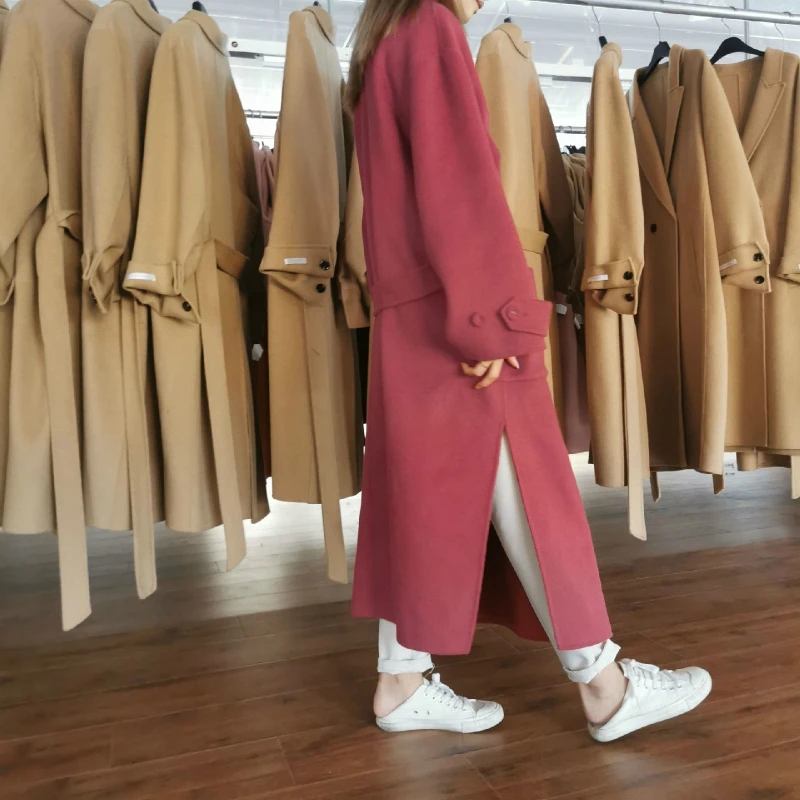 

Зимнее корейское модное повседневное 2020 высококачественное свободное черное шерстяное пальто ручной работы с поясом на шнуровке размера п...