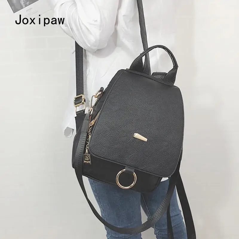 

Female Backpack Shoulder Bag Women Messenger Pu Leather and Nylon Backpacks Travel Bags Vintage College School Bag Black