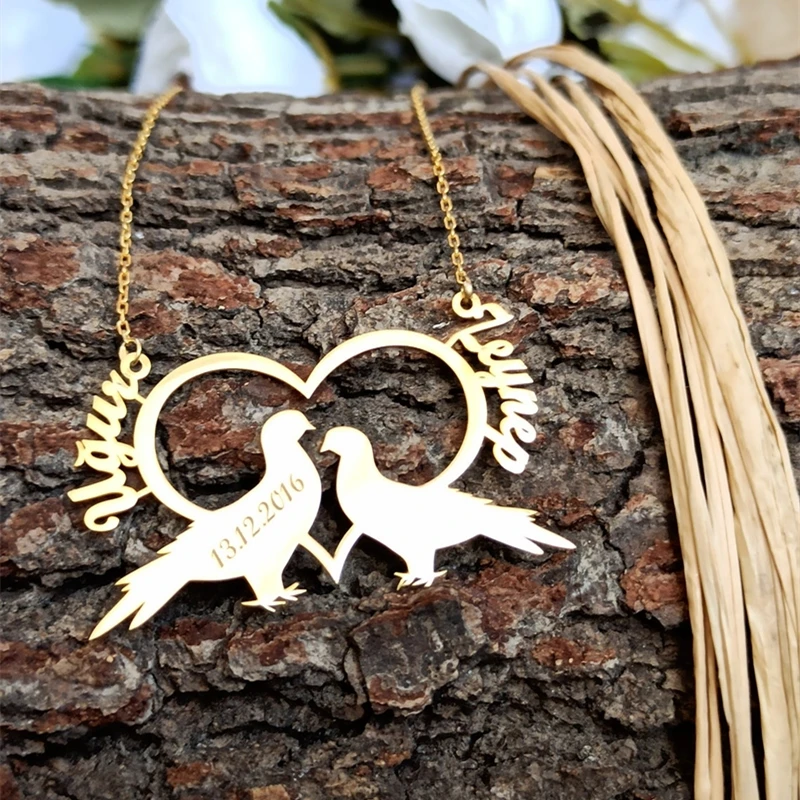 Романтическое ожерелье с птицами на заказ персонализированное именами пар кулон