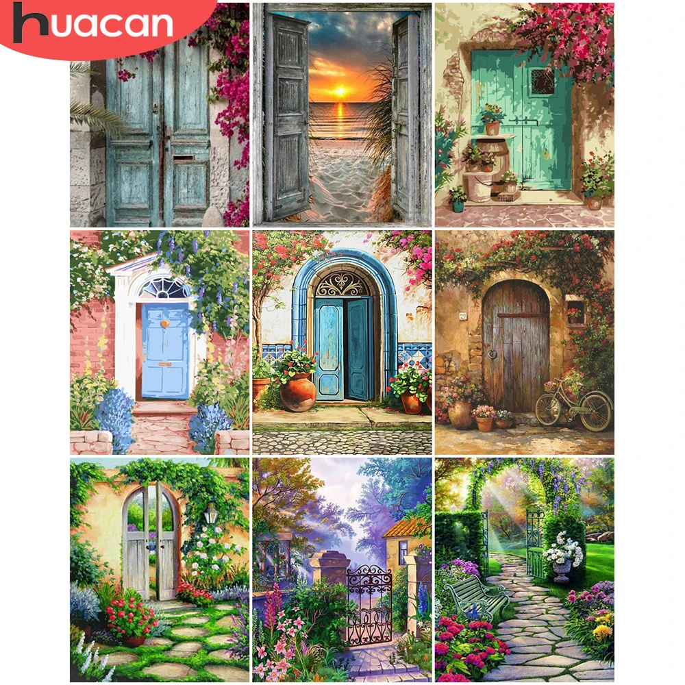 HUACAN Pictures By Numbers Flower Door Scenery Frame Painting By Numbers Landscape On Canvas DIY Home Decoration DIY Gift