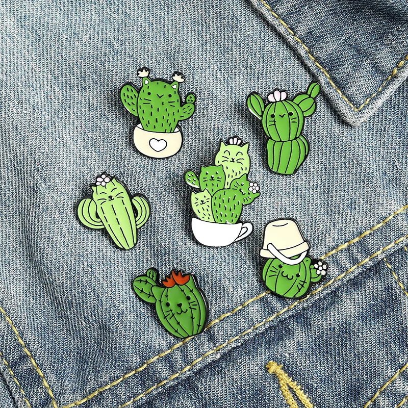 

1 Piece Cartoon Green Cactus Cat Brooches Funny Plant Kitten Cactus Coffee Enamel Pin Brooch Shirt Lapel Bag Metal Badge Gifts
