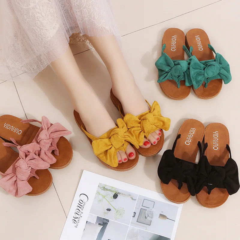 2019 новые летние сандалии и шлепанцы корейские пляжные женские с бантом |
