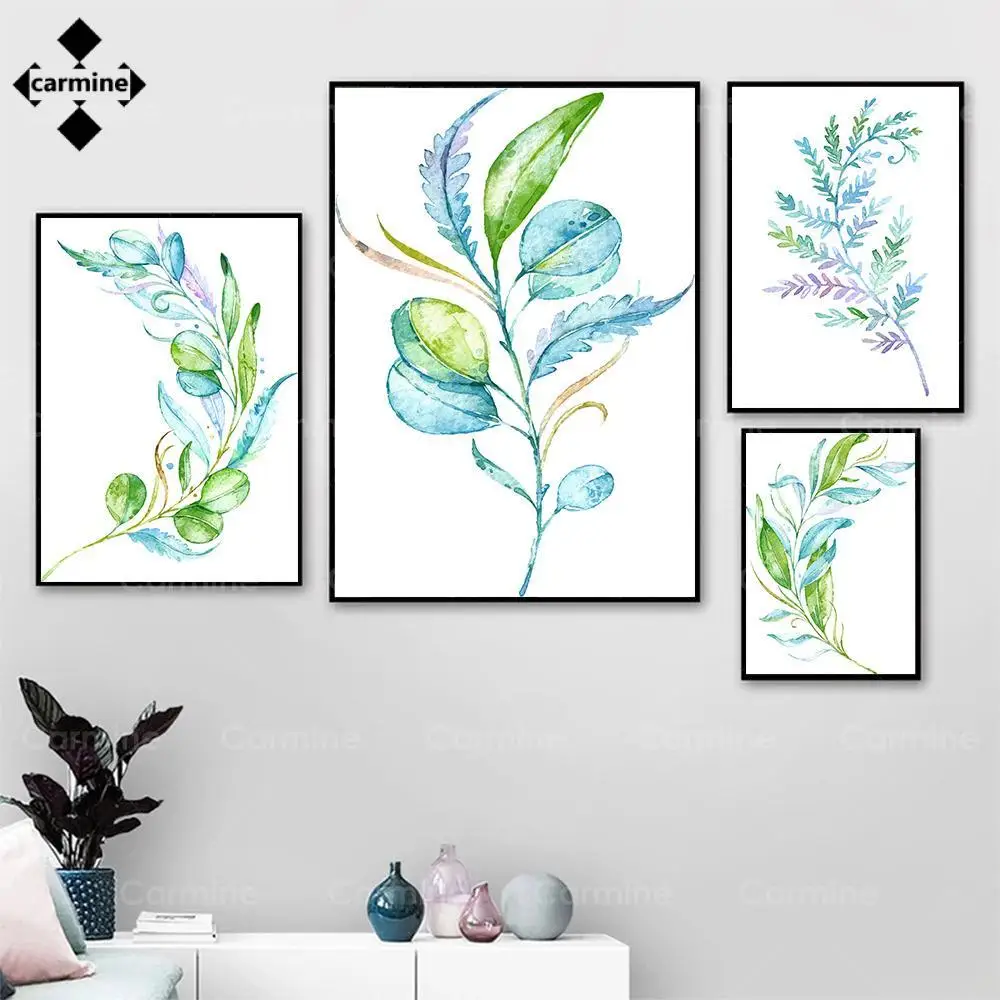 

Картина на холсте с листьями растений, ботаническая настенная Художественная печать и плакат, синяя, зеленая, натуральная Настенная картина для домашнего декора, без рамки