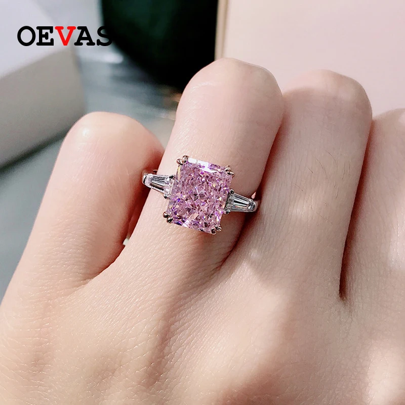 

OEVAS 100% 925 Sterling Silver Sparkling Square Pink High Carbon Diamond Wedding Rings For Women Fine Jewery Gifts