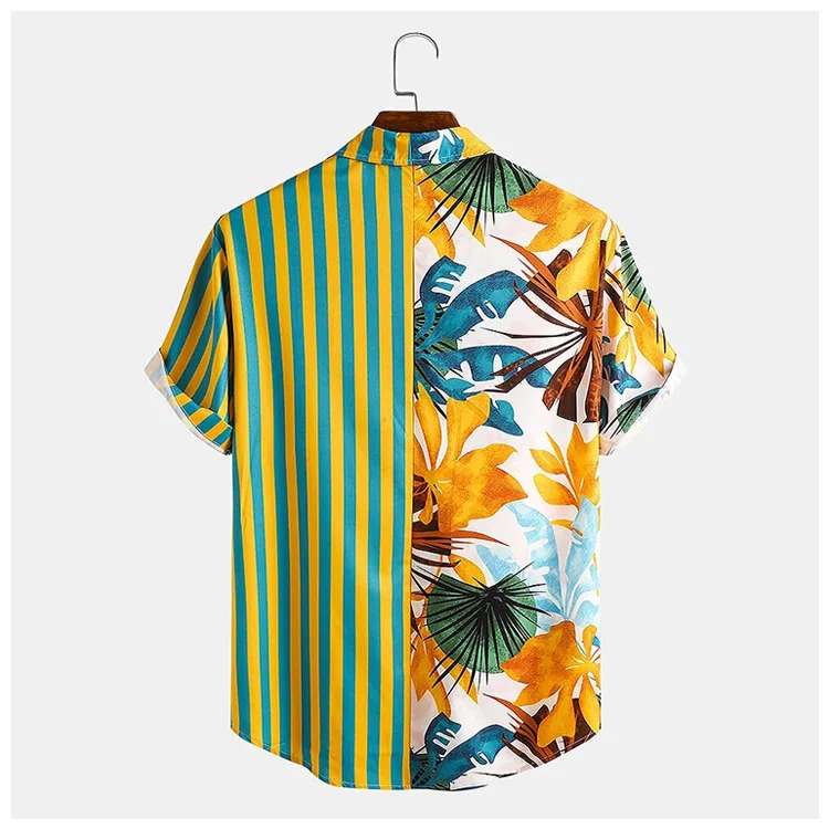 

Shirts Men Plant & Leaf Striped Patchwork Casual Holiday Curved Hem Hawaiian Shirt 2021 Fashion Clothes