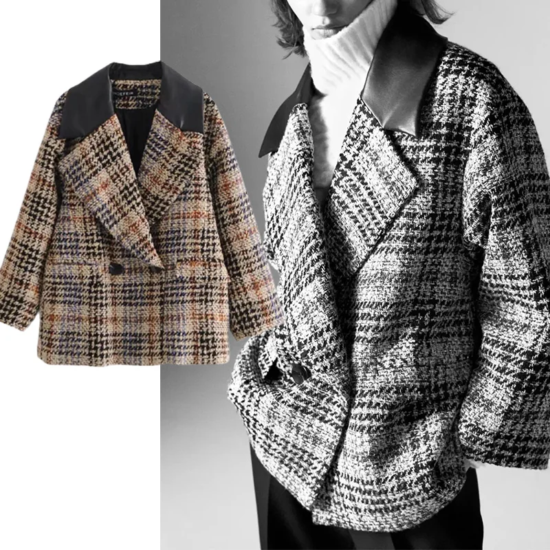 

Za 2021 The New Plaid patchwork blazer Women Double Breasted Jacket Women Lattice Long Sleeve Jacket Female Fashion Style Blazer