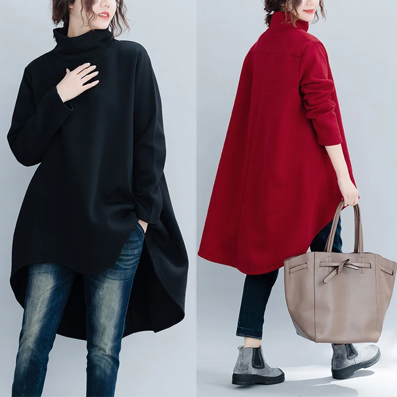 

Fashion Women Hoodies Solid High Neck Long Sleeve Fleece Asymmetric Loose Pullover Oversized Women's Sweatshirts Black/Burgundy