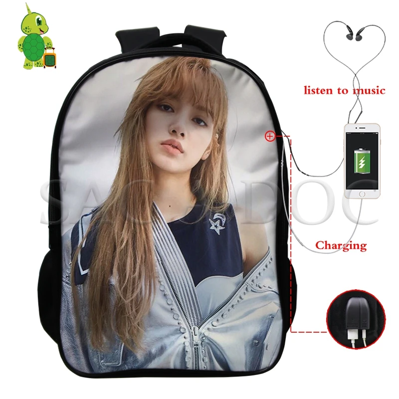 Рюкзак Mochila Kpop, черный, розовый, USB зарядка, рюкзак Kill This Love Rose/Lisa, женский, мужской, многофункциональный, школьный рюкзак, дорожные сумки - Цвет: 22