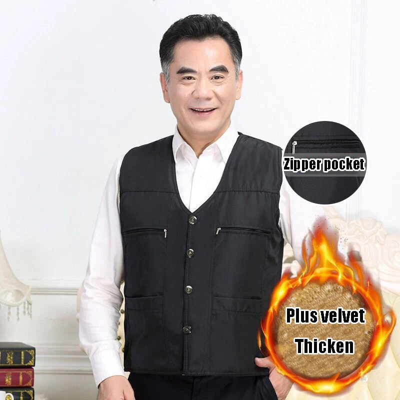 

2021 New Men Black Fleece Vest Winter Sleeveless Outerwear Warm Fleece Liner Vests Plus Size