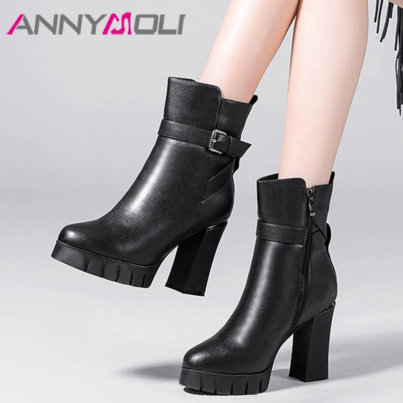 Зимние шерстяные сапоги ANNYMOLI женские из натуральной кожи на застежке молнии