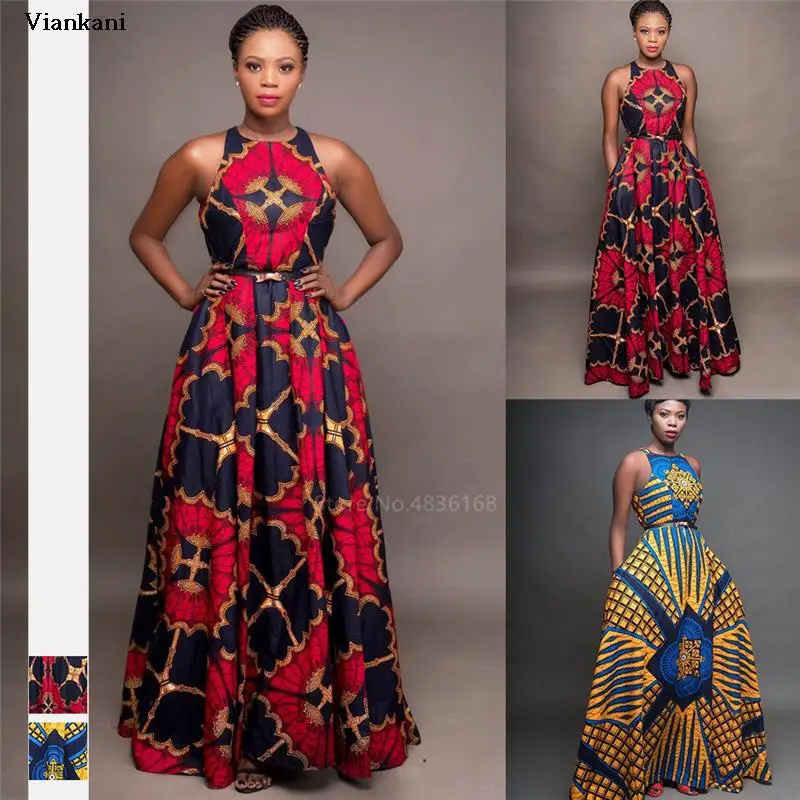 

Fashion Ladies African Clothes Round Neck Slim Maxi Dress 2021 Sleeveless Plus Size African Dresses Women Robe Africaine