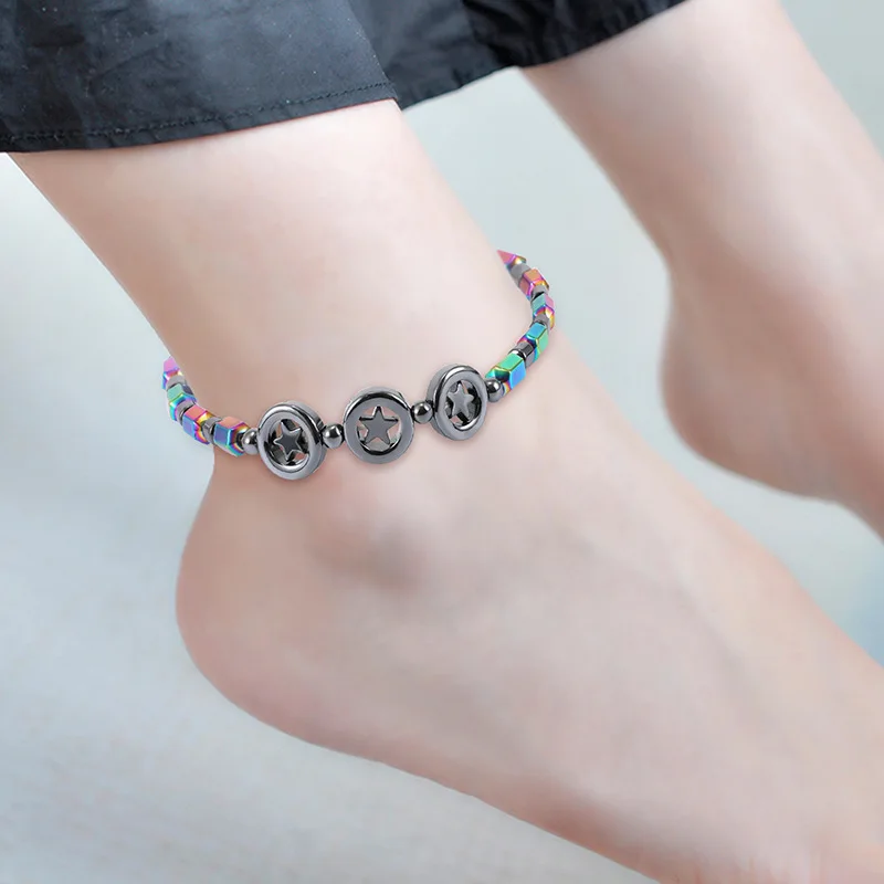 

European And American Creative Handmade Circle Star Magnetic Black Stone Electroplated Color Beach Alloy Inlaid Women's Anklet