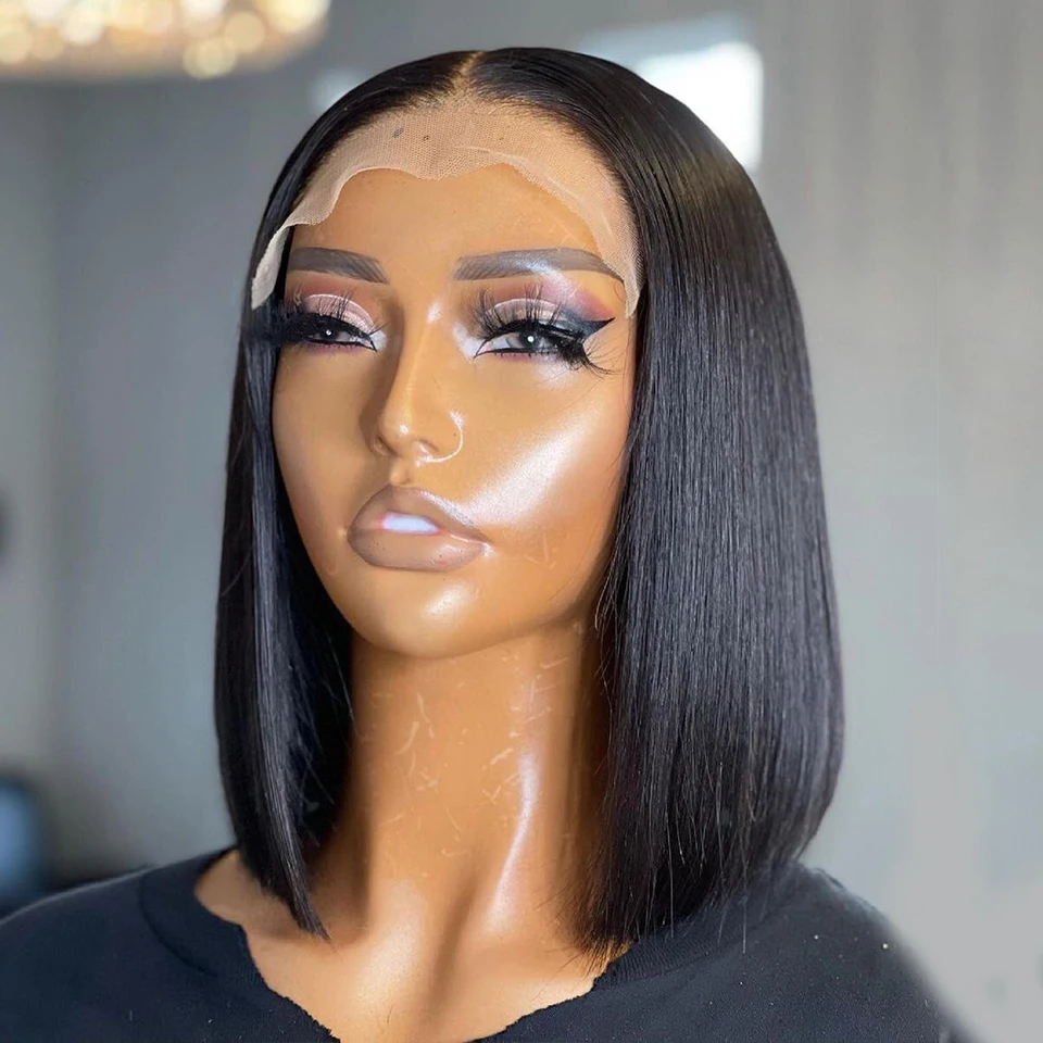 

12Inch Short Bob Straight Synthetic Lace Front Wig For Women With Natural Hairline Heat Resistant Fiber Hair Wigs 180%Density
